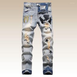 Men's Jeans High Quality Ripped For Men Leather Letter Embroidery Patchwork Brand Tights Motorcycle Pants Denim Trousers