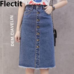 Skirts Flectit Button Front Midi Denim Skirt for Women Casual High Waist Fray Hem with Pocket Knee Length Jeans Skirt Ladies * 230308