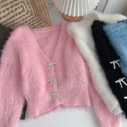 Women's Knits Tees Sweater Jumpers Autumn Sweet Wild V Long Sleeve Pink Cardigan Short Mohair Coat Pull Gentle Waterproof Mink 230308