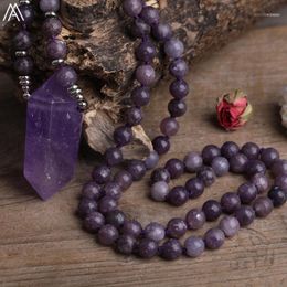 Chains Natural Amethysts Quartz Double Stick Point Pendant 8mm Purple Jades Round Beads Cord Knotted Mala Necklace Handmade Jewelry1