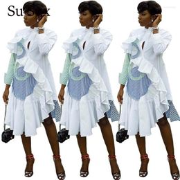 Ethnic Clothing 2023 Spring Shirt Dress Women African Striped Print Long Sleeve Ruffles Irregularity Patchwork Blouse Vestidos