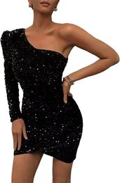 Women Sexy Party Dresses Ruched Slim One Shoulder Long Sleeve Sequins Mini Bodycon Dress
