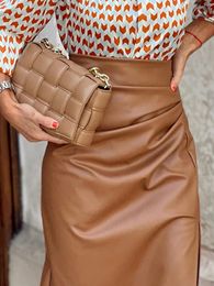 Skirts Spring Summer Elegant Ladies Office Skirts Casual Women PU Leather Midi Pencil Skirt Solid Side Slit Slim Vintage Brown Skirts 230308