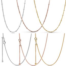925 Silver Fit Pandora Necklace Pendant heart women fashion Jewellery O Real Rose Gold Beaded Curb Sliding Clasp Chain Adjust Basic
