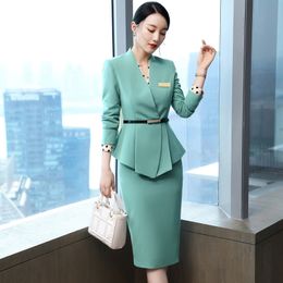 Two Piece Dress Professional Skirt Suit's Elegant Fashion el Front Desk Formal Wear Office Ladies Work Clothes Blazer Sets Femenino 230307