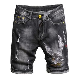 Men's Shorts Summer Fashion Denim Chinese Style Embroidery Classic Black Stretch Slim Casual Short Jeans Trend Streetwear Male 230307