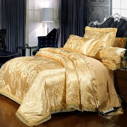 Bedding sets Luxury Satin Jacquard Gold Bedding Set Queen European High End Elegant Lace Bedding Sets Duvet Cover 2 Pcs Pillowcase 1 Sheet 230308