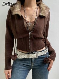 Women's Knits Tees Darlingaga Y2K Aesthetic Fluffy Fur Trim Collar Women Sweaters Jacket Furry 90s Vintage Zipper Coat Knitting Cardigans Knitwear 230308