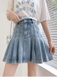 Skirts ZOKI Jean Women Pleated Skirts Summer High Waist Plus Size A Line Denim Skirts Blue Fashion Korean Casual Mini Skirts 5XL 230308