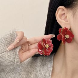 Dangle Earrings French Vintage Red Petal Design Flower Exaggerated Earings Fashion Statement Jewellery Trendy Gift For Women