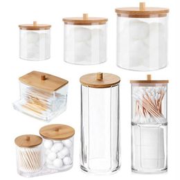 Storage Bottles Jars Acrylic Multifunctional Makeup Cotton Pad Organiser Storage Box For Cotton Swabs Rod Bathroom Container with Bamboo Lid J230301