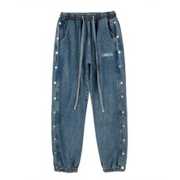 Men's Jeans Side Button Washed Blue Jeans Drawstring Pants Men's Straight Hip Hop Baggy Cargos Unisex Casual Oversized Denim Trousers Z0301