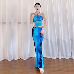 Stage Wear Belly Dance Dress Training Spring And Summer Neck Tie Haier Dark Blue Backless Print Dye Oriental Set