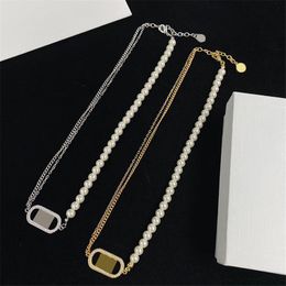 Pearl Dual Link Chain Asymmetrical Necklaces Women Oval Ring Pendant Necklaces Diamonds Adjustable Jewellery for Lady