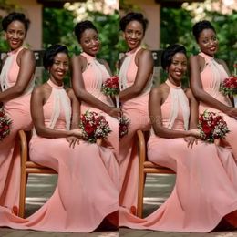 New African Blush Pink Mermaid Bridesmaid Dresses Wedding Guest Dress Pearls Halter Neck Pearls Floor Length Plus Size Maid of Honor Gowns