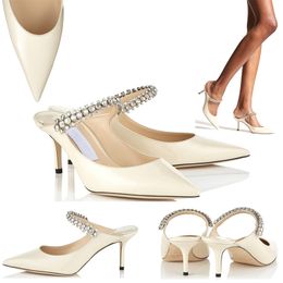 Fashion Women Pumps Sandals Famous BING 65 mm White Leather Refined Pointed Toe Slingback Crystal Ankle Strap Simple Designer Wedding Party Sandal High Heels EU 35-43