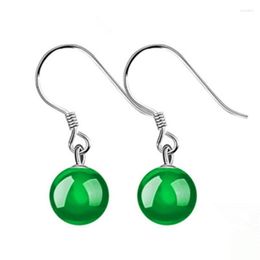 Dangle Earrings Natural Green Jade Chalcedony Round Drop 925 Silver Carved Charm Jadeite Jewellery Fashion Amulet For Women Gifts