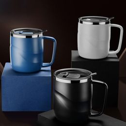 Mugs 400ml Black Stainless Steel Insulated Coffee Mug With Sliding Lid Vacuum Travel Handle Camping Tea Flask Cold Drink