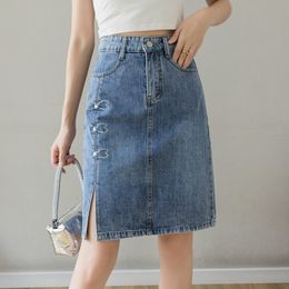 Skirts Denim Split Knee Length Skirt Women High Waist Embroidery Y2k Blue Kawaii Harajuku Vintage Sweet Thin Bodycon Pencil Jeans Skirt 230308