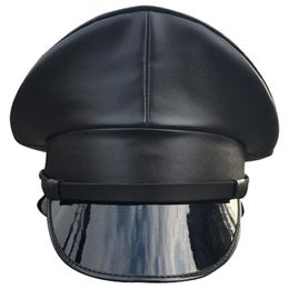 Wide Brim Hats Drop Black PU Leather Military Hat Cap Performance Stage Show Night Bar Captain
