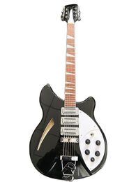 High Quality 360-12 String Black Electric Guitar with White Pickguard Semi Hollow Body R Bridge