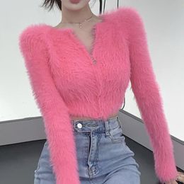 Women's Knits Tees OL Korean Fashion Zipper Fluffy Cardigan Woman Autumn O Neck Long Sleeve Office Sweater Women Sweet Cropped Top Drop 230308