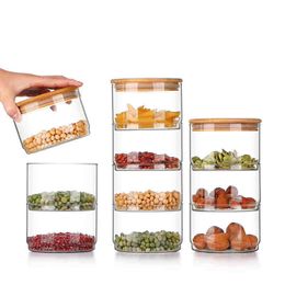 Storage Bottles Jars Kitchen Airtight Glass Jars Stackable Storage Jar Containers with Bamboo Lid Food Herbs Spice Glass Organizer Bottle Candle Jars J230301