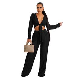 Women Sexy Two Piece Pants Pleated Outfits Casual Long Sleeve Lace Up Shirt Sets Wide Leg Pants Suit