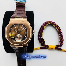 Designer Watches version 5980 Brown Date Dial Rose Gold Steel Case Cal Ch28-520C true timing function Sapphire Mens Watch Leather Str310J