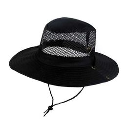 Wide Brim Hats Breathable Solid Colour Drawstring Foldable Fisherman'S Hat Men Sun Protection Outdoor Summer Shade Basin Cap Fishing Hat R230308