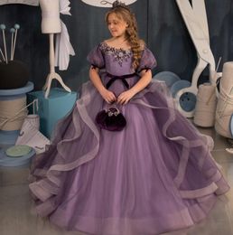 2023 New Purple Little Girls Pageant Dresses Beaded Crystals Ball Gown Crew Neck Kids Toddler Flower Prom Party Gowns for Weddings cascading ruffles E0308