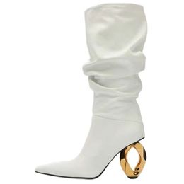 2023 Women's Fashion Boots Women's European and American Fashion Versatile Irregular High Heel Pleated Sleeve Calf Boots