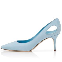 Fashion Elegant Women Sandals Pumps TOPLACA 70 mm Light Blue Suede Pointed Toe Pump Italy Lady Refined Cut-Out Detail Design Wedding Party Sandal High Heels Box EU 35-43