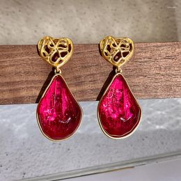 Dangle Earrings French Vintage Oversize Rose Colored Glass Crystal Luxury Metal Heart Drop For Women