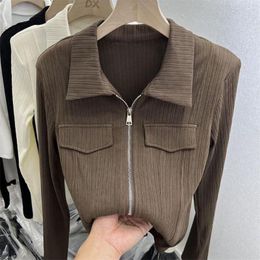 Women's T Shirts Spring Summer Thin Solid Blouses Women's 2023 Streetwear Fashion Turn-down Collar Double Zipper Pockets Slim Cardigan