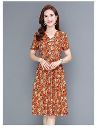 Casual Dresses Women Women's Milk Silk Dress Short Sleeves Vintage Printed Flower Print Sexy Bodycon ClothesCasual