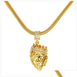 Pendant Necklaces Mens Hip Hop Jewellery 18K Gold Plated Fashion Bling Lion Head Iced Out Necklace Filled For Gift/Present Dro Dhgarden Dhsiy