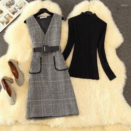 Work Dresses Autumn Winter Tweed 2 Piece Set Women Slim Plaid Woolen Overall Dress Fashion Turtleneck Sweater Ruffle Vest Suit