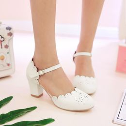 Sandals Nice Mary Janes Round Toe Buckle Casual Ladies Single Shoes Square Heel Women Med Heels Hollow Out Womens Plus Size 34-42