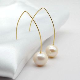 Dangle Earrings Women's Round White Natural Freshwater Pearl Simple Large Curved Hook Gold Drop Trend Jewellery