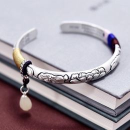 Bangle Se Silver Colour Bracelet Women's Handmade Fashion Retro Solid Open Ladies Original Lotus Heart Sutra JewelryBangle Kent22