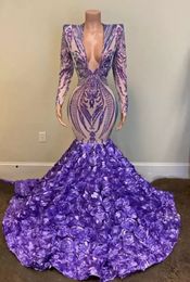 Lila Lavendel Meerjungfrau Abendkleider Prom Sparkly Pailletten 3D Blumen gegen Nacken Langarm afrikanische schwarze Mädchen formelles Promkleid