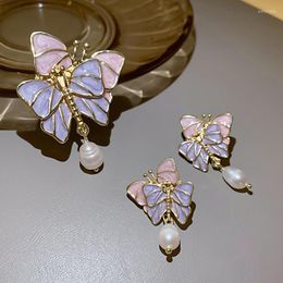 Dangle Earrings VSnow Exquisite Double Butterfly Purple Pink Earring For Women Fairy Enamel Irregular Pearl Jewellery Pendientes