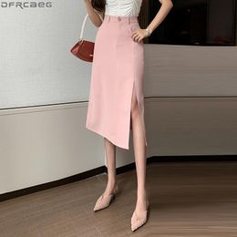 Skirts Fashion Korean Style Long For Women Elegant OL Black Beige Pink Skirt Sexy Side Slit Split High Waist Mujer Faldas