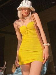 Casual Dresses Womens Sexy Off Shoulder V Neck Yellow Tube Top Dress Summer Fashion Knit Backless Strapless Gothic Holiday Party Mini