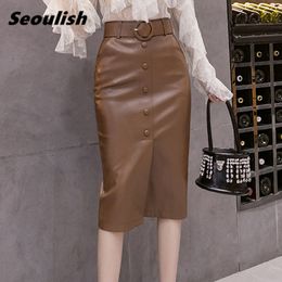 Skirts Seoulish Autumn Winter Faux PU Leather Women's Wrap Skirts with Belted High Waist Black Office Wrap Sexy Pencil Skirts 230308