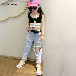 Jeans Spring Summer Girls Baby Denim Pants Kids Trousers Children Streetwear Iregular Front Back Hollow Out Ripped 3-12