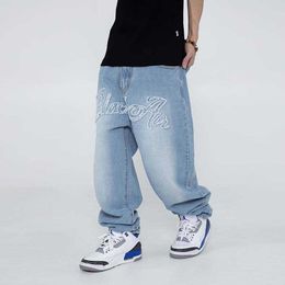 Men's Jeans Hip Hop Tassel Letter Embroidery Ripped Mens Jeans Pants Harajuku Retro Straight Washed Casual Oversized Denim Trousers Z0301