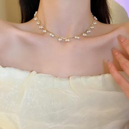 Choker Pure Gold Electroplated Crystal Freshwater Pearl Necklace Small And Fresh All-match Clavicle Chain High Sense Col