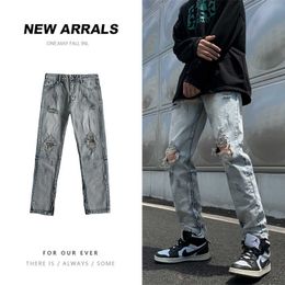Men's Pants Washed Broken Men's Jeans Fashion Streetwear Loose Straight Denim Pants For Male Hip Hop Baggy Ins Male Trousers Z0306
